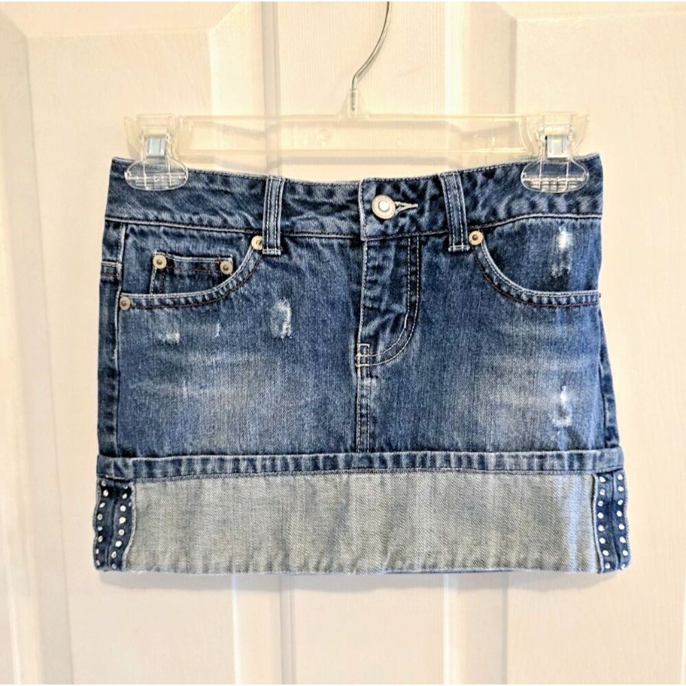Limited Too Mini Skirt Denim Cuffed Rhinestone Girls 10 Vintage Retro Y2K Preppy